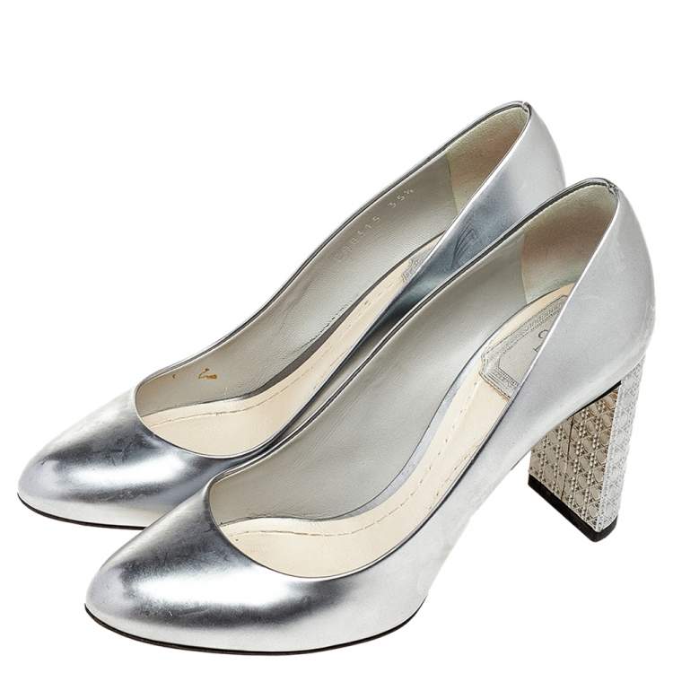 Pre Owned Dior Metallic Silver Leather Microcannage Block Heel Pumps Size 35.5