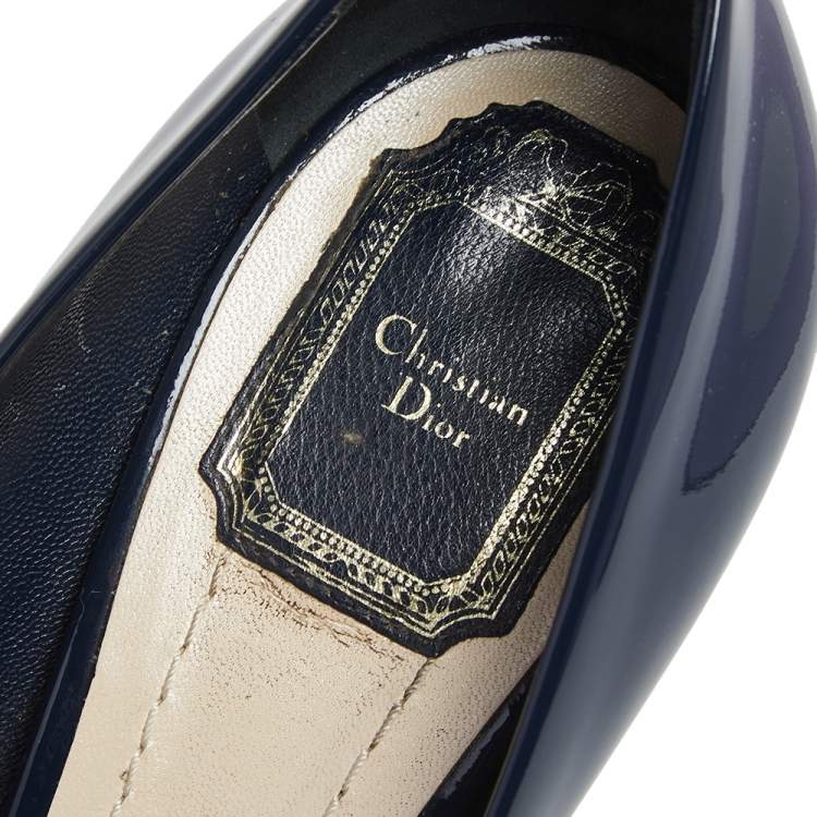 Pre Owned Dior Navy Blue Patent Leather Metal Cannage Heel Peep Toe Platform Pumps Size 39