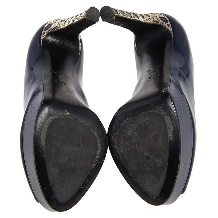 Pre Owned Dior Navy Blue Patent Leather Metal Cannage Heel Peep Toe Platform Pumps Size 39