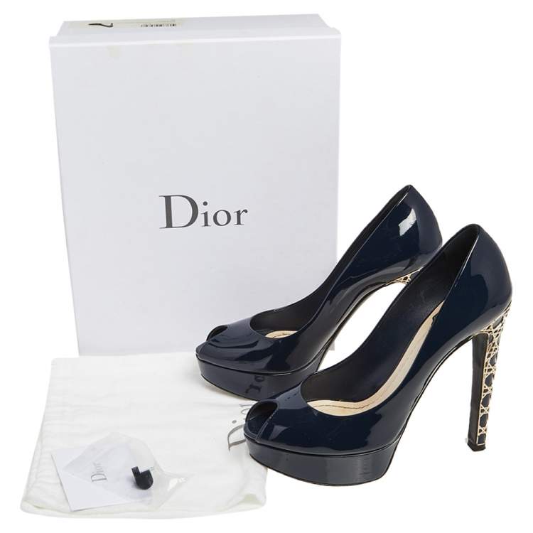 Pre Owned Dior Navy Blue Patent Leather Metal Cannage Heel Peep Toe Platform Pumps Size 39