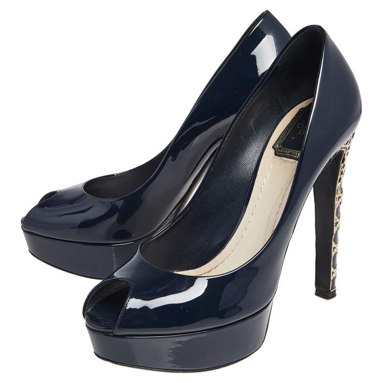Pre Owned Dior Navy Blue Patent Leather Metal Cannage Heel Peep Toe Platform Pumps Size 39