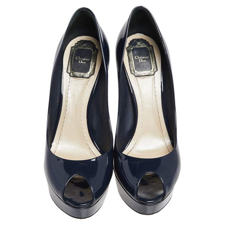 Pre Owned Dior Navy Blue Patent Leather Metal Cannage Heel Peep Toe Platform Pumps Size 39