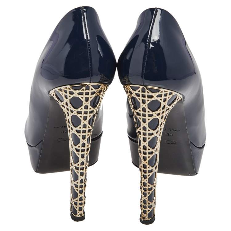 Pre Owned Dior Navy Blue Patent Leather Metal Cannage Heel Peep Toe Platform Pumps Size 39