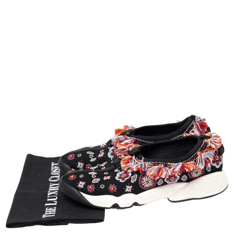 Pre Owned Dior Black Mesh Fusion Floral Embellished Slip On Sneakers Size 38
