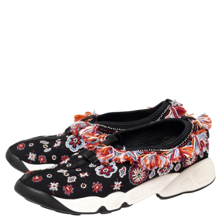 Pre Owned Dior Black Mesh Fusion Floral Embellished Slip On Sneakers Size 38