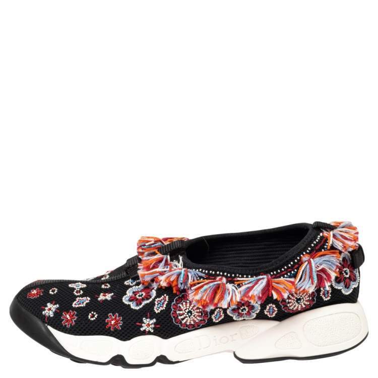 Pre Owned Dior Black Mesh Fusion Floral Embellished Slip On Sneakers Size 38