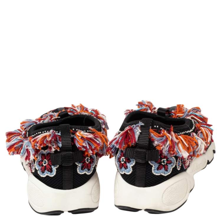 Pre Owned Dior Black Mesh Fusion Floral Embellished Slip On Sneakers Size 38