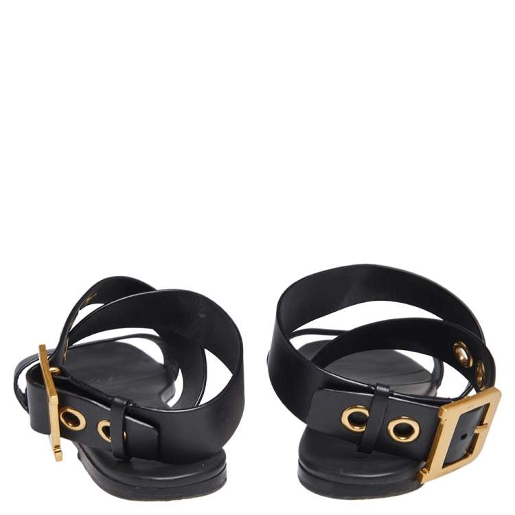 Pre Owned Dior Black Leather D Dior Ankle Strap Flat Sandals Size 41