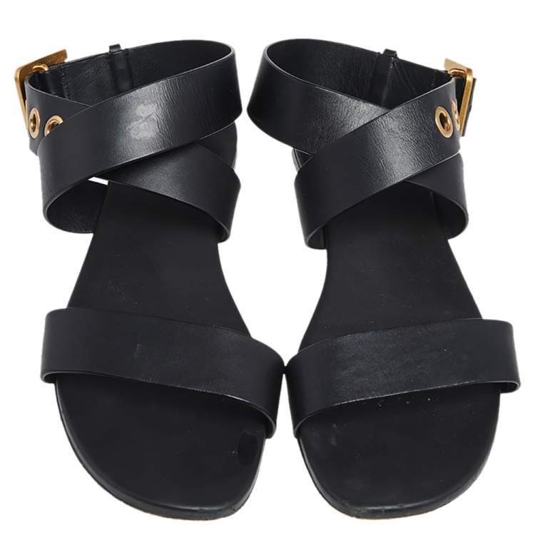 Pre Owned Dior Black Leather D Dior Ankle Strap Flat Sandals Size 41