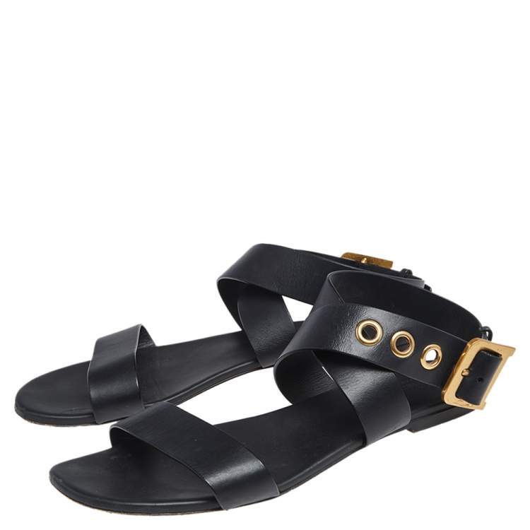 Pre Owned Dior Black Leather D Dior Ankle Strap Flat Sandals Size 41