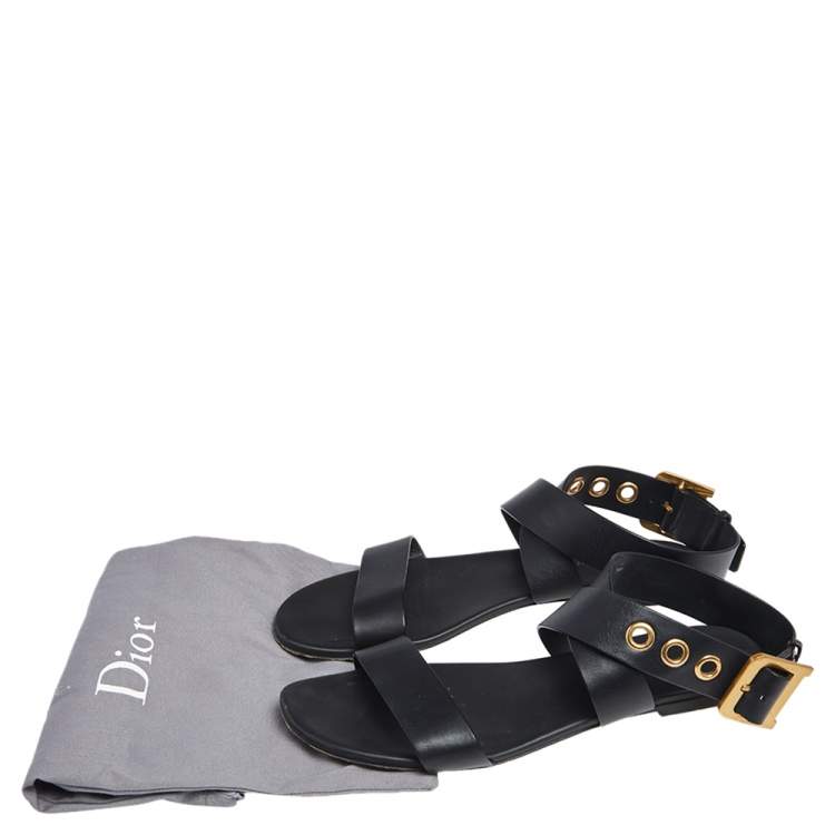 Pre Owned Dior Black Leather D Dior Ankle Strap Flat Sandals Size 41