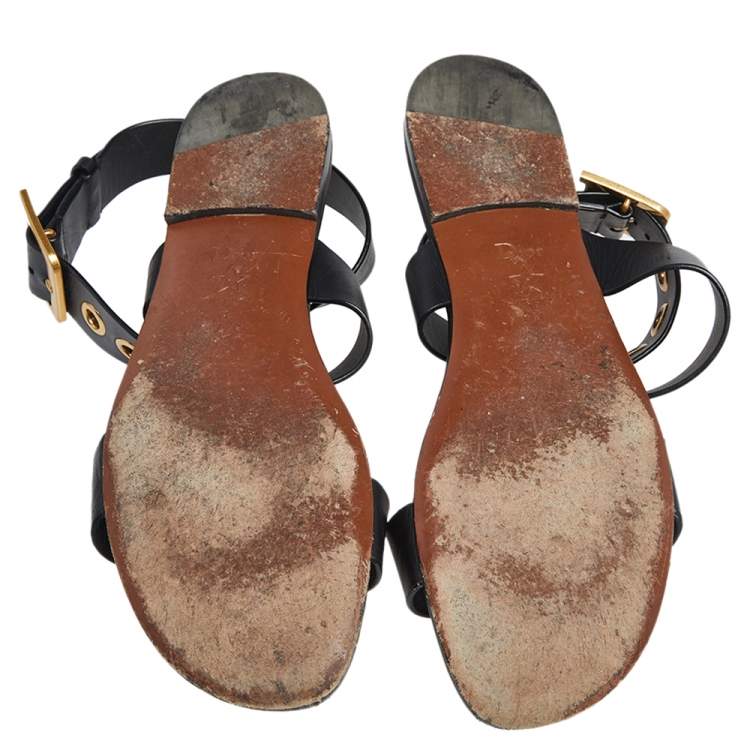 Pre Owned Dior Black Leather D Dior Ankle Strap Flat Sandals Size 41