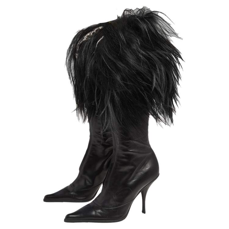 Pre Owned Dior Black Patent Leather and Faux Fur Knee Boots Size 38.5