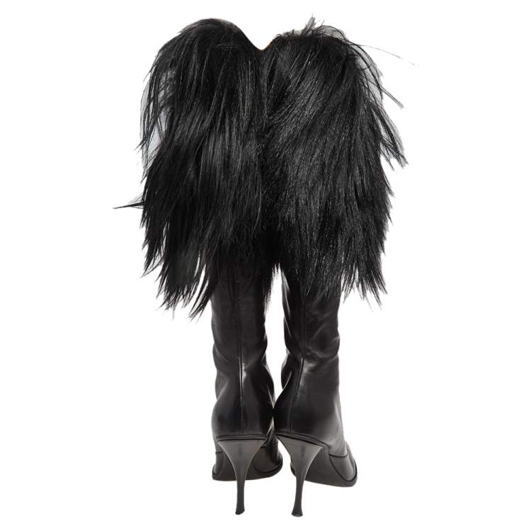 Pre Owned Dior Black Patent Leather and Faux Fur Knee Boots Size 38.5