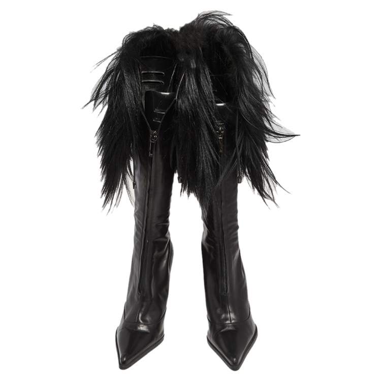 Pre Owned Dior Black Patent Leather and Faux Fur Knee Boots Size 38.5