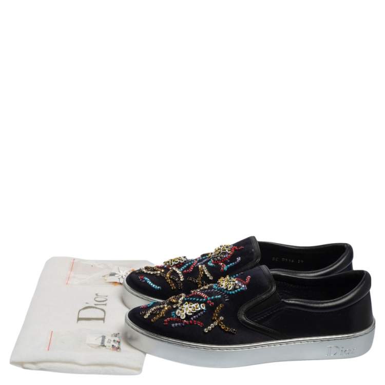 Pre Owned Dior Navy Blue/Black Satin And Leather Crystal Embellished Slip On Sneakers Size 39