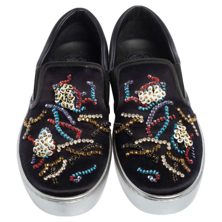 Pre Owned Dior Navy Blue/Black Satin And Leather Crystal Embellished Slip On Sneakers Size 39
