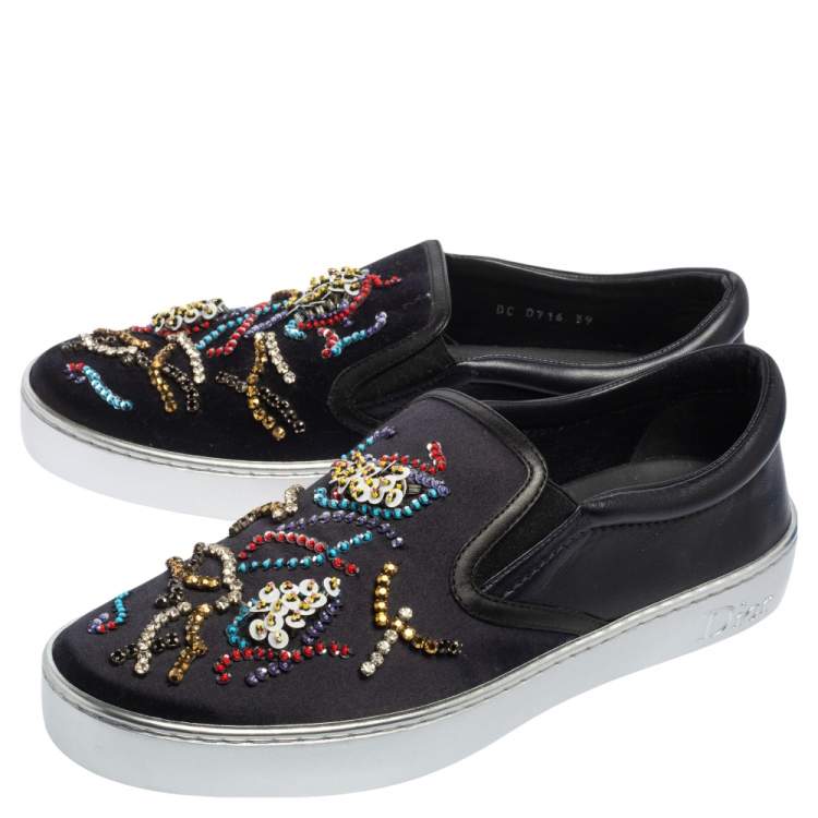 Pre Owned Dior Navy Blue/Black Satin And Leather Crystal Embellished Slip On Sneakers Size 39