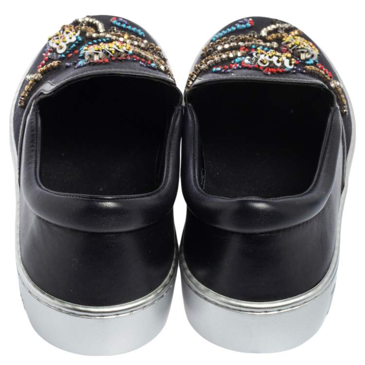Pre Owned Dior Navy Blue/Black Satin And Leather Crystal Embellished Slip On Sneakers Size 39