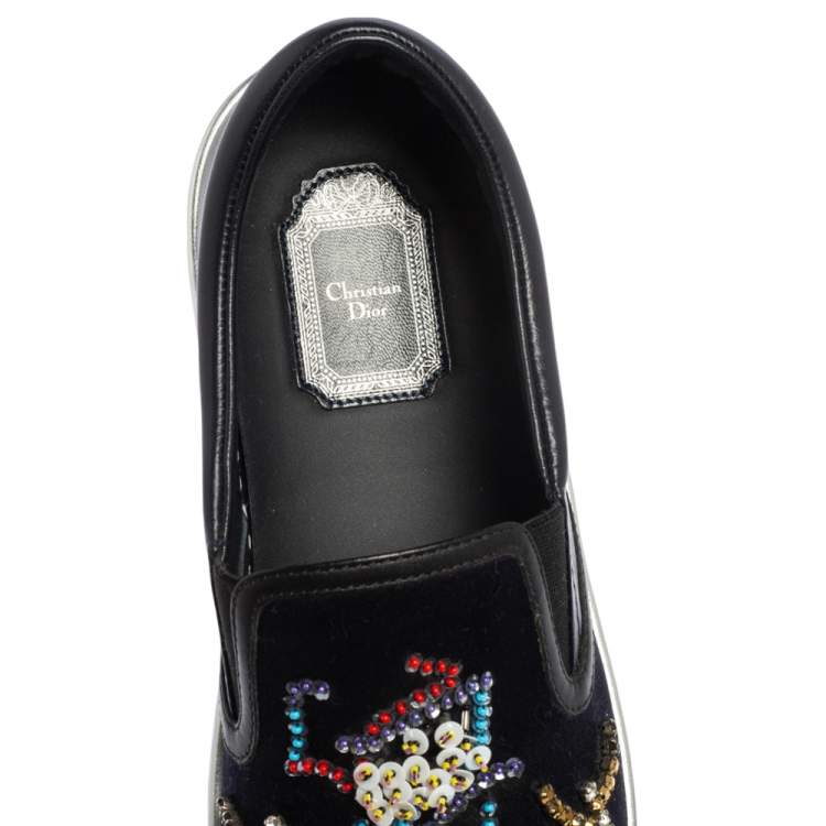 Pre Owned Dior Navy Blue/Black Satin And Leather Crystal Embellished Slip On Sneakers Size 39