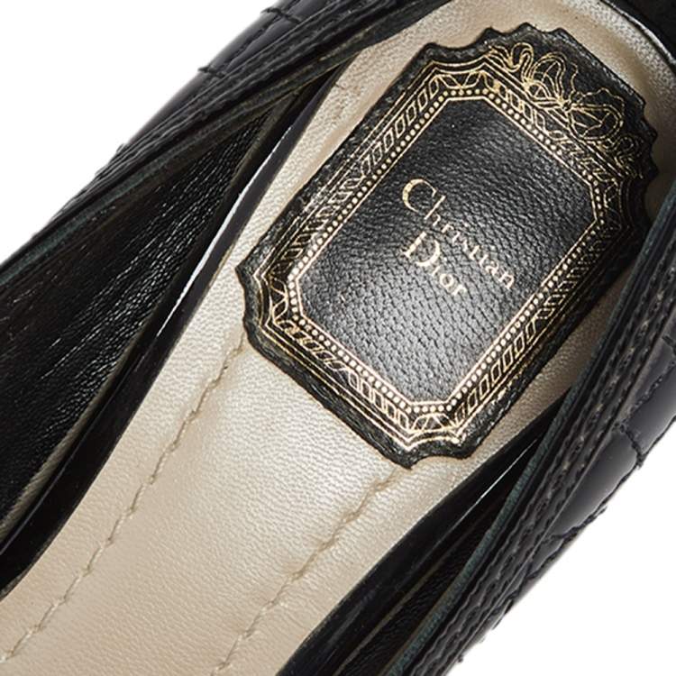 Pre Owned Christian Dior Black Patent Cannage Bow Peep Toe Pumps Size 37