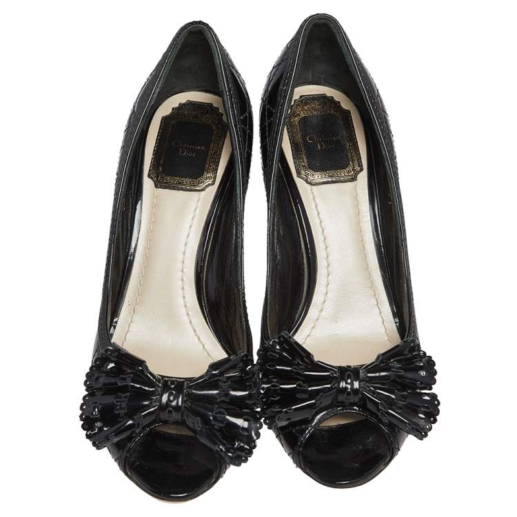Pre Owned Christian Dior Black Patent Cannage Bow Peep Toe Pumps Size 37