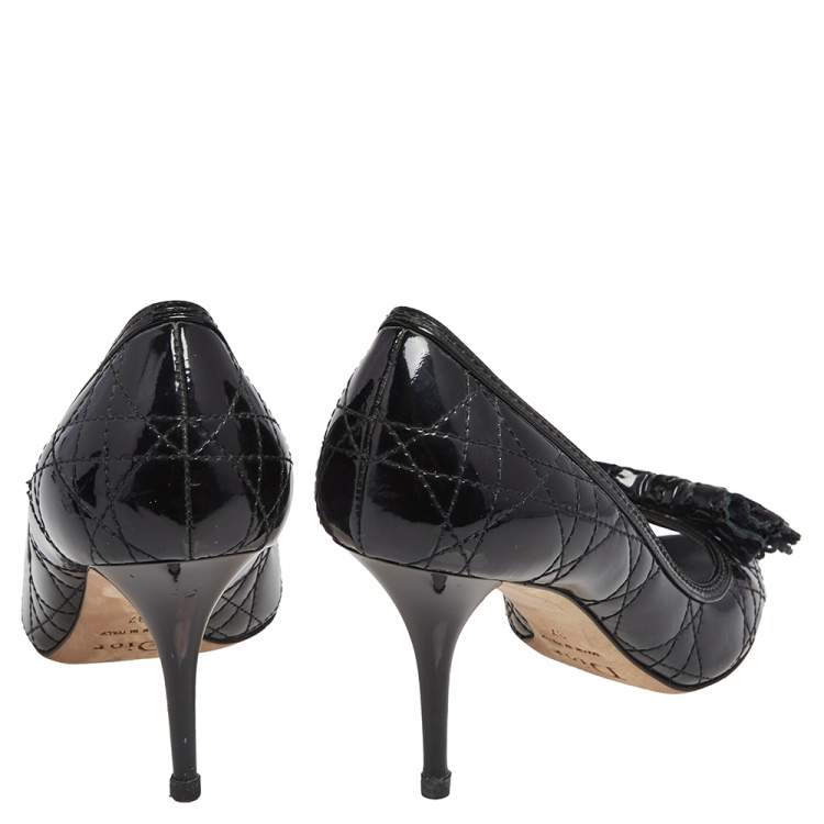 Pre Owned Christian Dior Black Patent Cannage Bow Peep Toe Pumps Size 37
