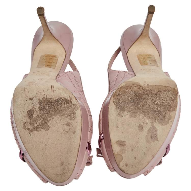 Pre Owned Dior Pink Cannage Cut Leather And Patent Leather Bow Peep Toe Slingback Sandals Size 37.5