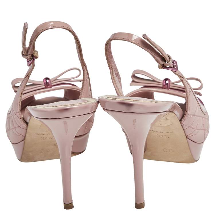 Pre Owned Dior Pink Cannage Cut Leather And Patent Leather Bow Peep Toe Slingback Sandals Size 37.5