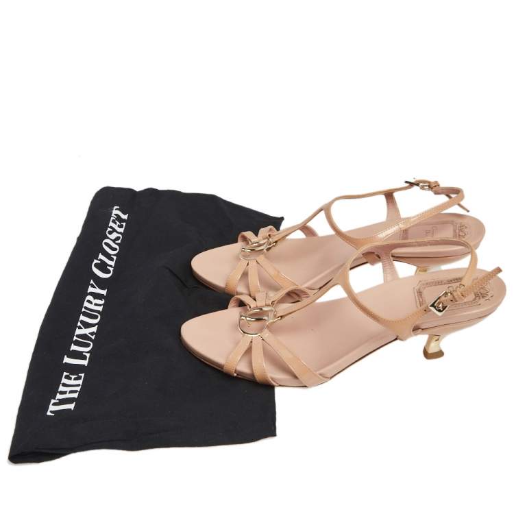 Pre Owned Christian Dior Beige Patent Leather CD2 T Strap Sandals Size 37.5