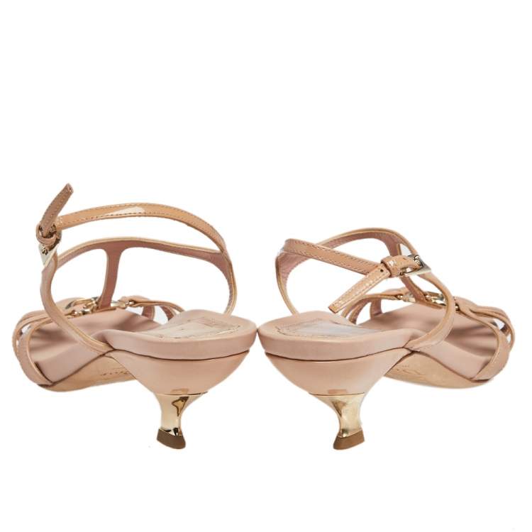 Pre Owned Christian Dior Beige Patent Leather CD2 T Strap Sandals Size 37.5