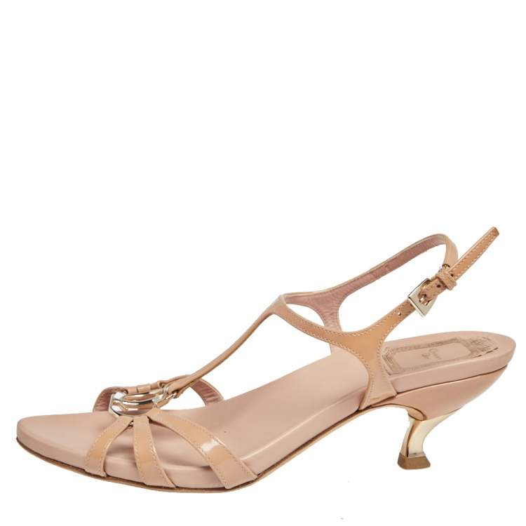 Pre Owned Christian Dior Beige Patent Leather CD2 T Strap Sandals Size 37.5