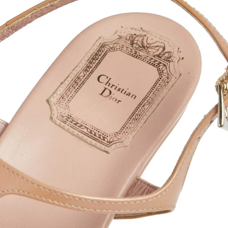 Pre Owned Christian Dior Beige Patent Leather CD2 T Strap Sandals Size 37.5