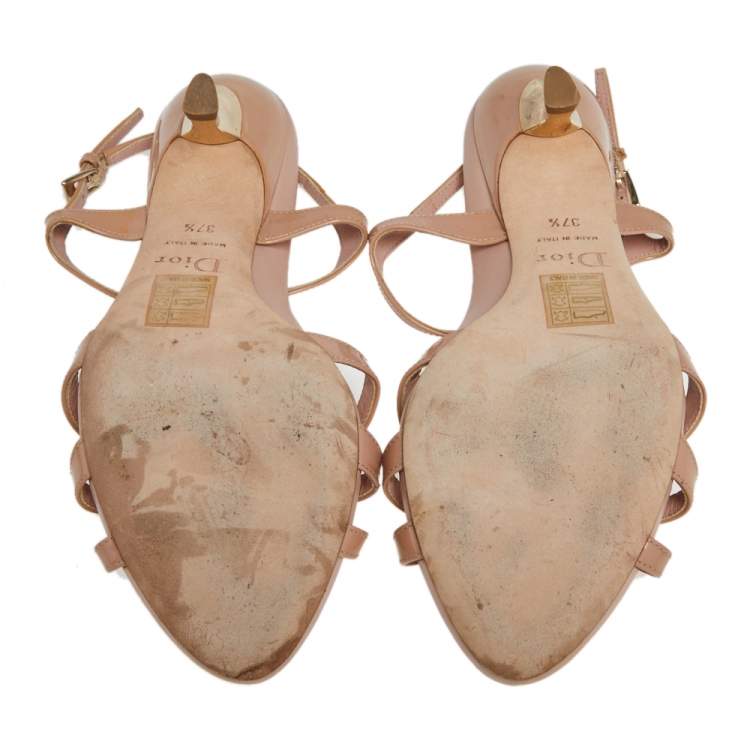 Pre Owned Christian Dior Beige Patent Leather CD2 T Strap Sandals Size 37.5