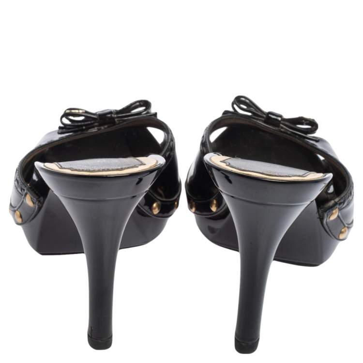 Pre Owned Dior Black Patent Leather Open Toe Bow Clog Sandals Size 37.5