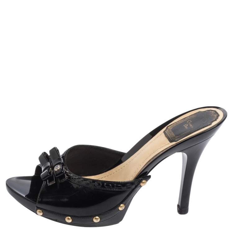 Pre Owned Dior Black Patent Leather Open Toe Bow Clog Sandals Size 37.5