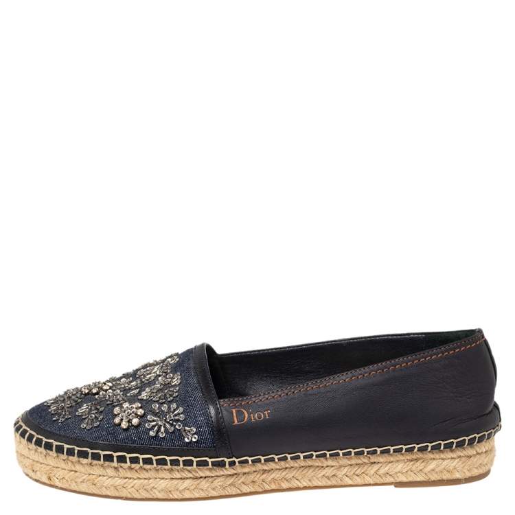 Pre Owned Dior Blue Denim and Leather Embellished Espadrilles Flat Size 39.5