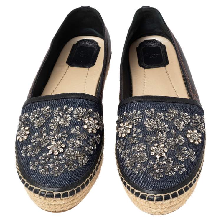 Pre Owned Dior Blue Denim and Leather Embellished Espadrilles Flat Size 39.5