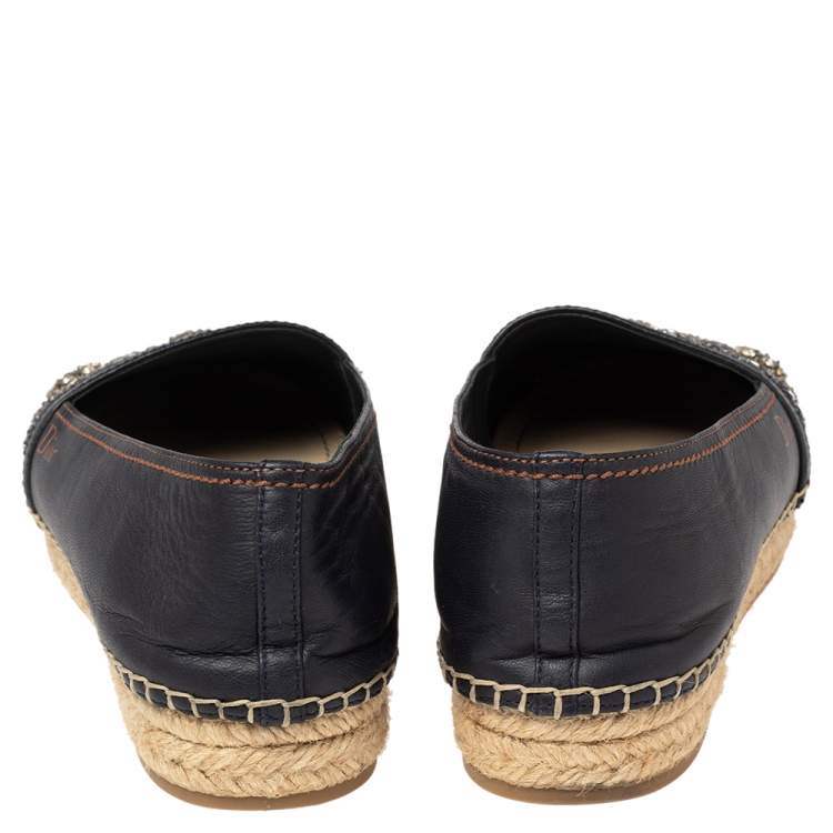 Pre Owned Dior Blue Denim and Leather Embellished Espadrilles Flat Size 39.5