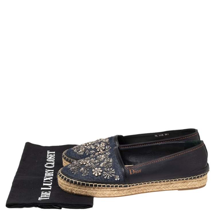 Pre Owned Dior Blue Denim and Leather Embellished Espadrilles Flat Size 39.5