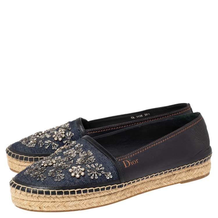 Pre Owned Dior Blue Denim and Leather Embellished Espadrilles Flat Size 39.5