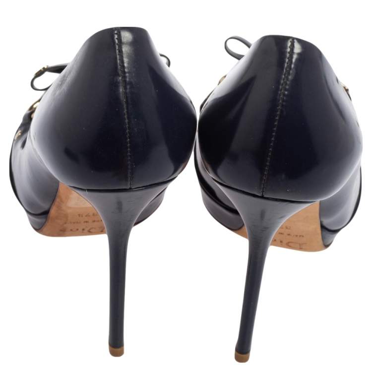 Pre Owned Dior Navy Blue Patent Leather Bow Chain Detail Peep Toe Pumps Size 37.5
