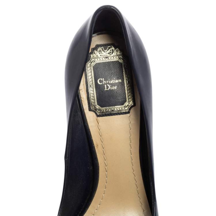 Pre Owned Dior Navy Blue Patent Leather Bow Chain Detail Peep Toe Pumps Size 37.5