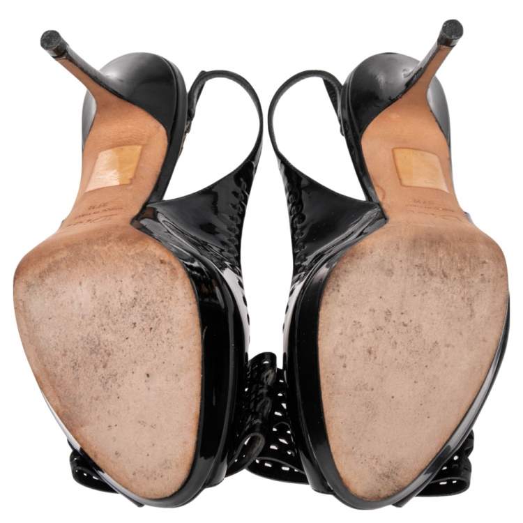 مملوكة مسبقًا Dior Black Patent Leather Cannage Bow Detail 'Butterfly' Slingback Sandals Size 37.5