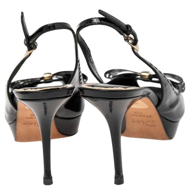 مملوكة مسبقًا Dior Black Patent Leather Cannage Bow Detail 'Butterfly' Slingback Sandals Size 37.5