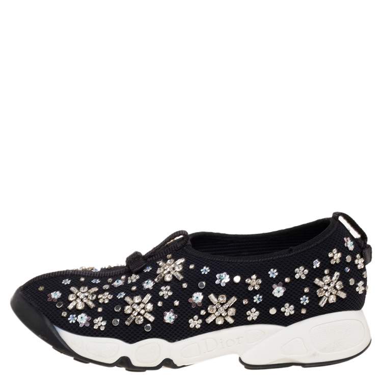 Pre Owned Dior Black Mesh Fusion Embellished Slip On Sneakers Size 37.5