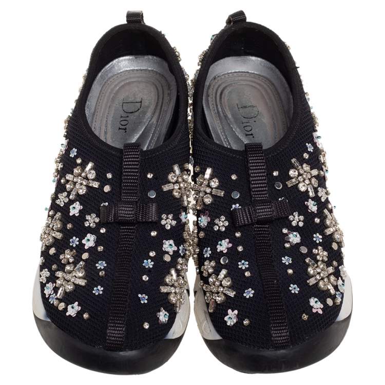 Pre Owned Dior Black Mesh Fusion Embellished Slip On Sneakers Size 37.5