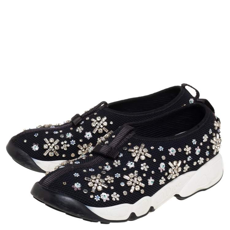 Pre Owned Dior Black Mesh Fusion Embellished Slip On Sneakers Size 37.5