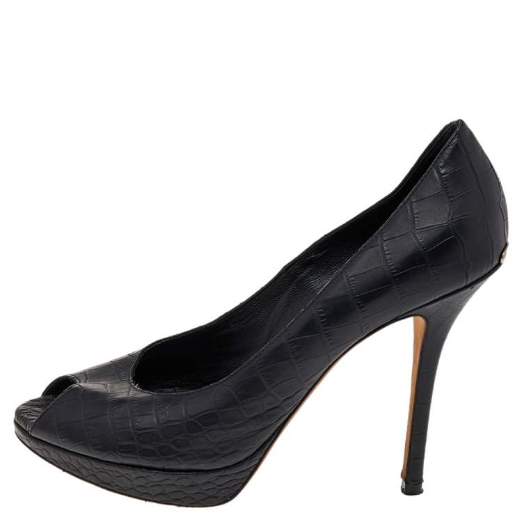 Pre Owned Dior Black Embossed Leather Peep Toe Pumps Size 39.5