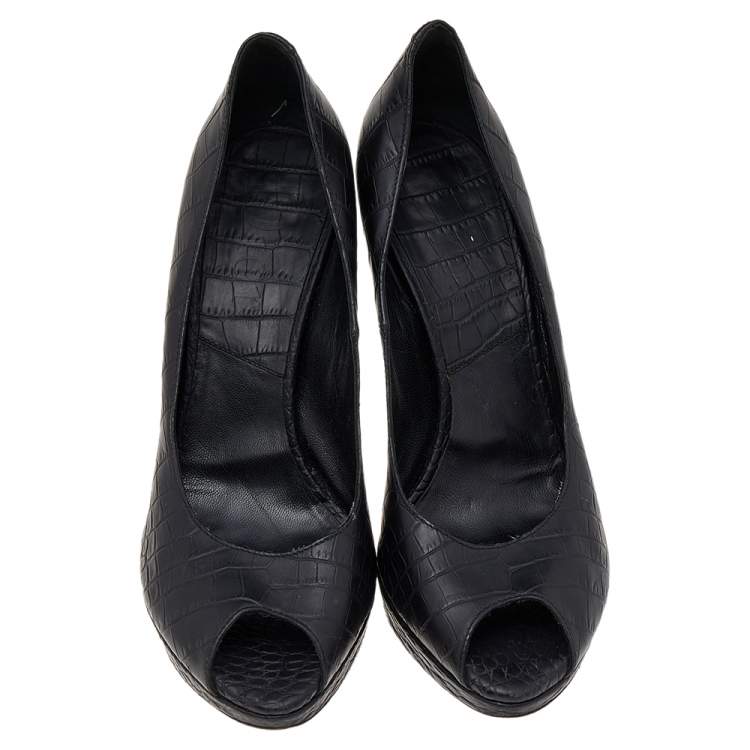 Pre Owned Dior Black Embossed Leather Peep Toe Pumps Size 39.5
